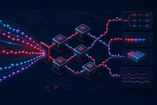 Abstract distributed AI inference system with token streams, accelerator nodes, agent branches, cache blocks, and workload traces.